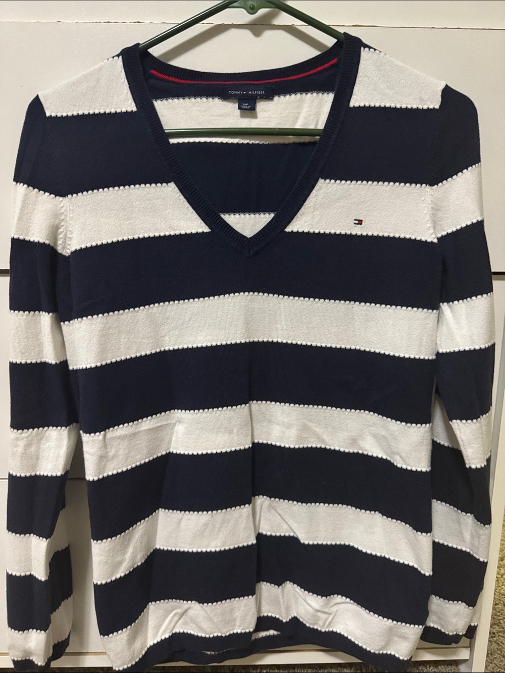 Tommy Hilfiger Navy & White Striped V-Neck Sweater